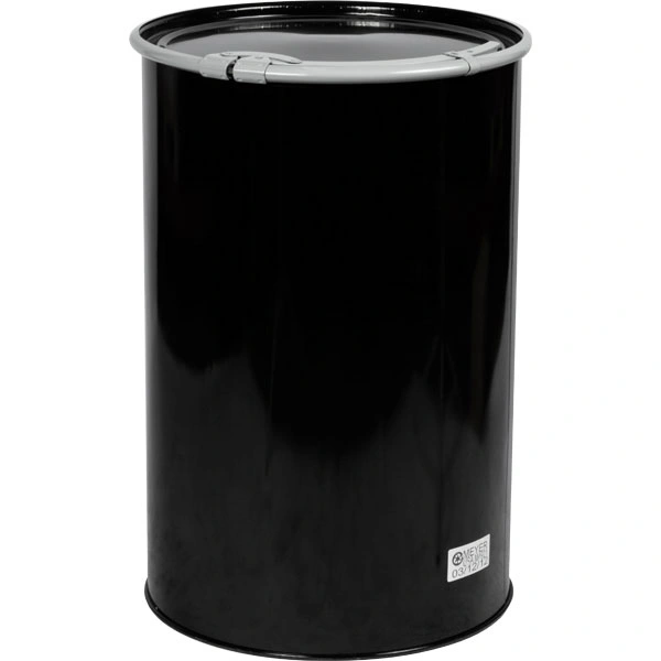 26w55s_1_6.webp 55 Gallon Steel Drum, Black, Straight Sided, Unlined, 20GA, Cover w/Lever Lock Ring - Image 1