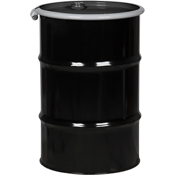 26wm3d_1.webp 30 Gallon Steel Drum, Black, UN Rated, Mocha Lined, Black Cover w/Bolt Ring, 2" & 3/4" Fittings - Image 1