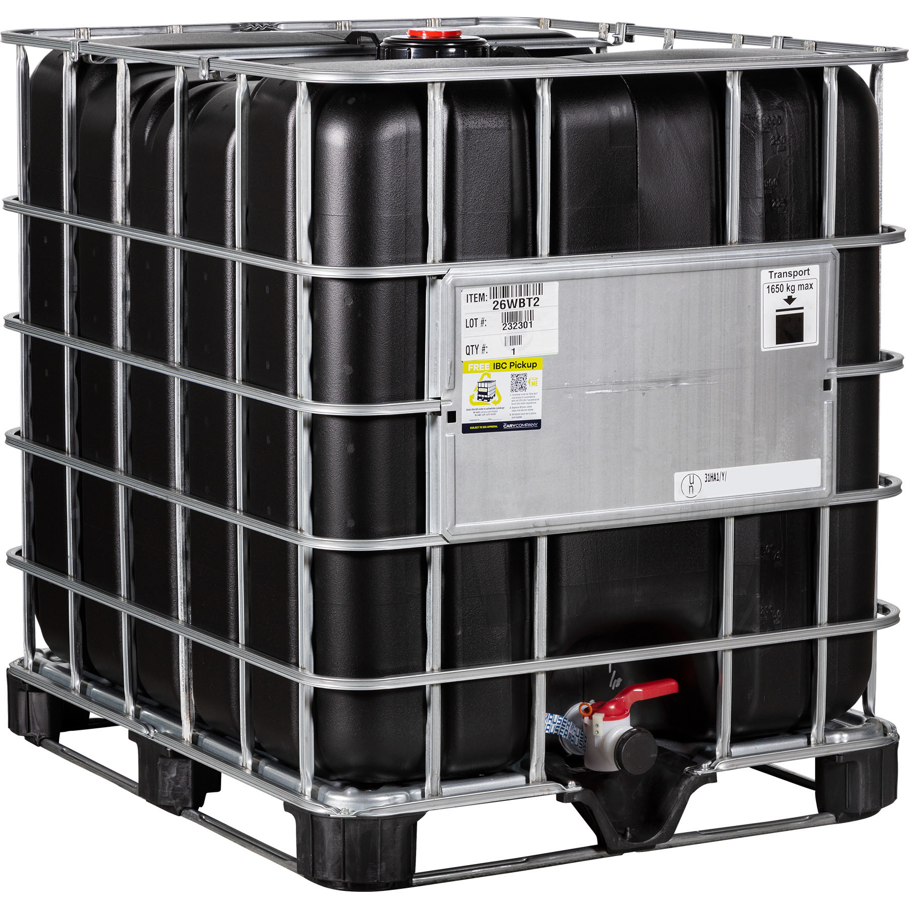 275-gallon-black-ibc-tote_2-inch-camlock-valve_composite-pallet_26wbt2_1.jpg 275 Gallon Black IBC Tote, Standard Reconditioned, 2" Camlock Valve, Composite Pallet - Image 1