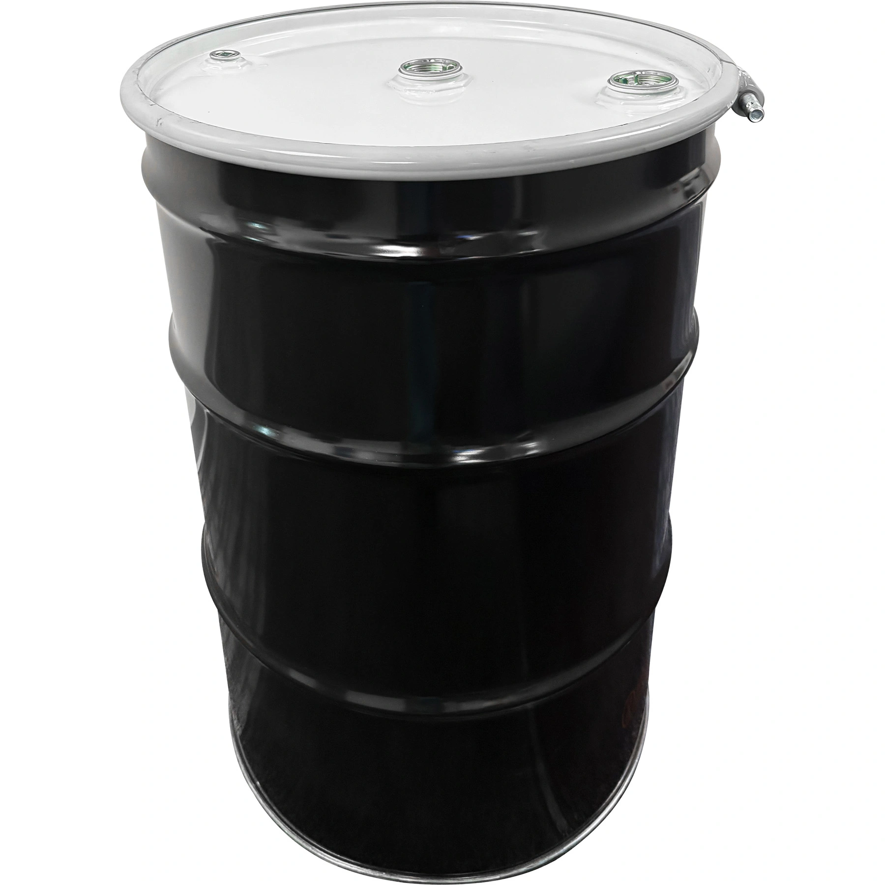 55gal-steel-drum_black_un-rated_unlined_white-cover-with-bolt-ring_two.webp 55 Gallon Steel Drum, Black, UN Rated, Unlined, White Cover w/Bolt Ring, Two 2" Fittings & One 3/4" Fitting - Image 1