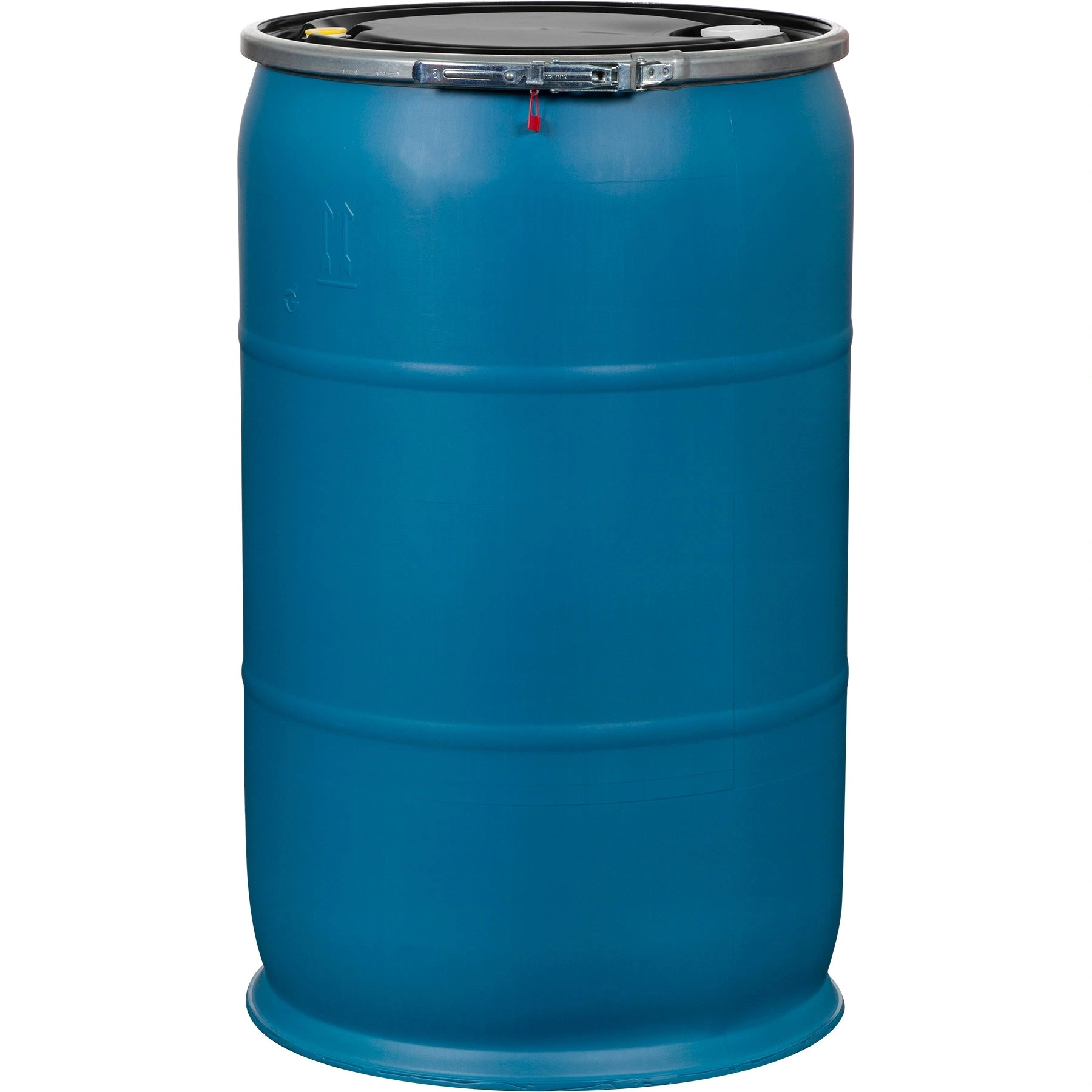 57gal-blue-plastic-drum_un-rated_2in-and-0.75in-fittings_black-cover-with-lever-lock-ring_56wb57_1.webp 57 Gallon Blue Plastic Drum, UN Rated, 2” & 3/4” Fittings, Black Cover w/Lever Lock Ring - Image 1