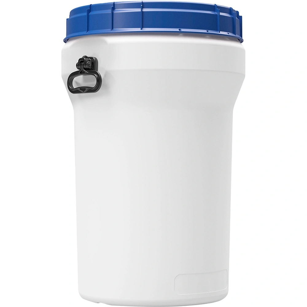 75-liter_white-hdpe-nestable-drum-with-blue-lid-and-black-handles_un-1h2-x75-s_57w75c_1.webp 19.8 Gallon White Plastic Drum with Screw On Lid and Handles, UN Rated - Image 1